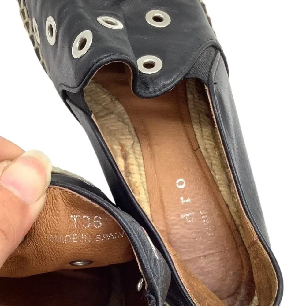 SANDRO Grommet Embellished Leather Espadrilles 36 6 Slip On Neutral Flats Spain